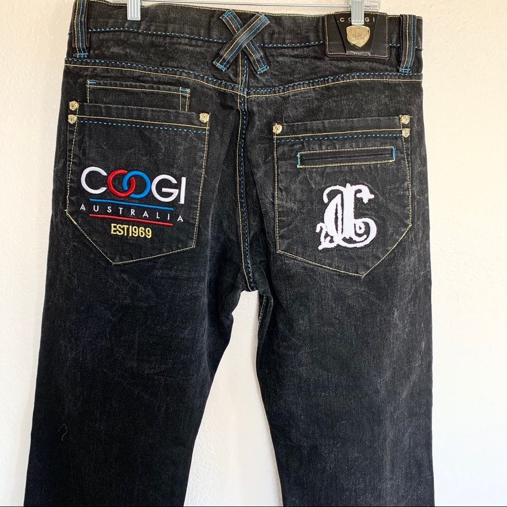 Coogi Black Acid Wash Distressed Embroidered Jeans